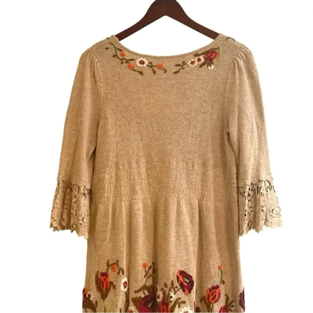 Anthropologie Moth "Village Pass Tunic" Sweater Dress Small Floral Crochet Lace - Picture 6 of 9